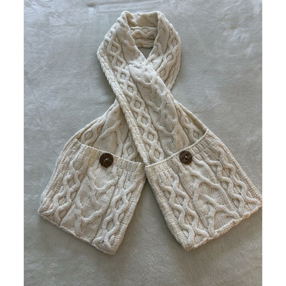 Aran Ireland 100% Merino Wool Cable Knit Scarf Cream Chunky Shawl Wrap Fisherman